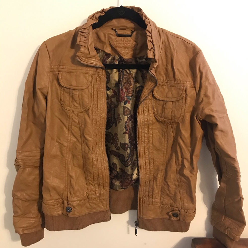 Camel Vegan Leather Jacket Ruffle Neck